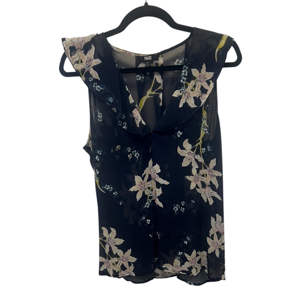 PAIGE Silk Ruffle Blouse Rich Navy Blue, Medium, Sketched Orchid Floral Top - Picture 3 of 13
